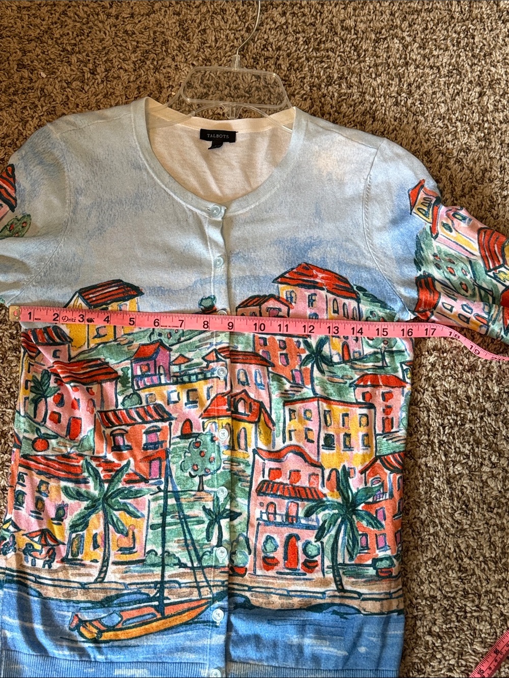 Talbots Sz XS Light Blue Multi-Color Scenic Print Cardigan B928 - Picture 4 of 6